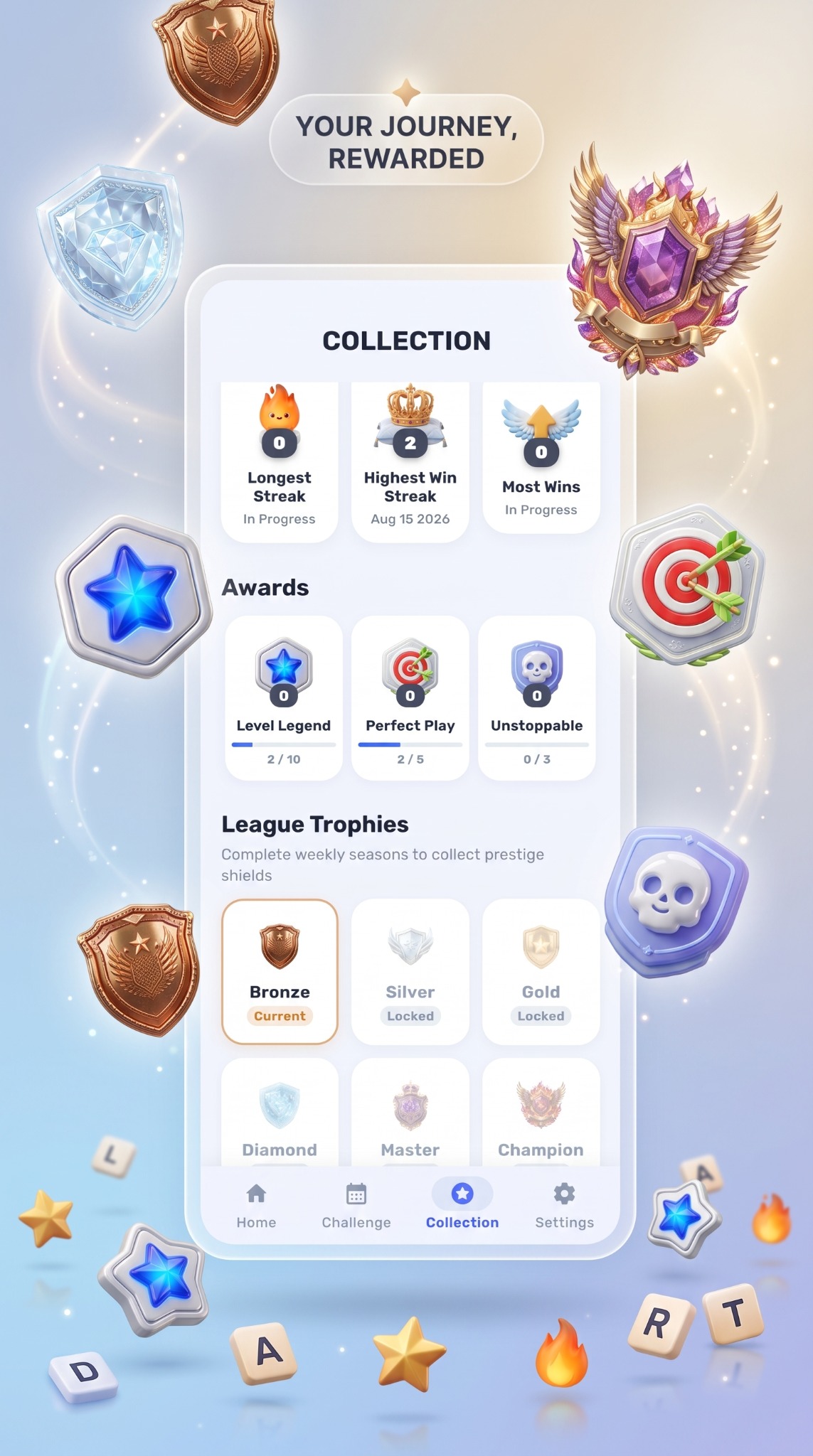 Tricky Words collection screen with awards and league trophies