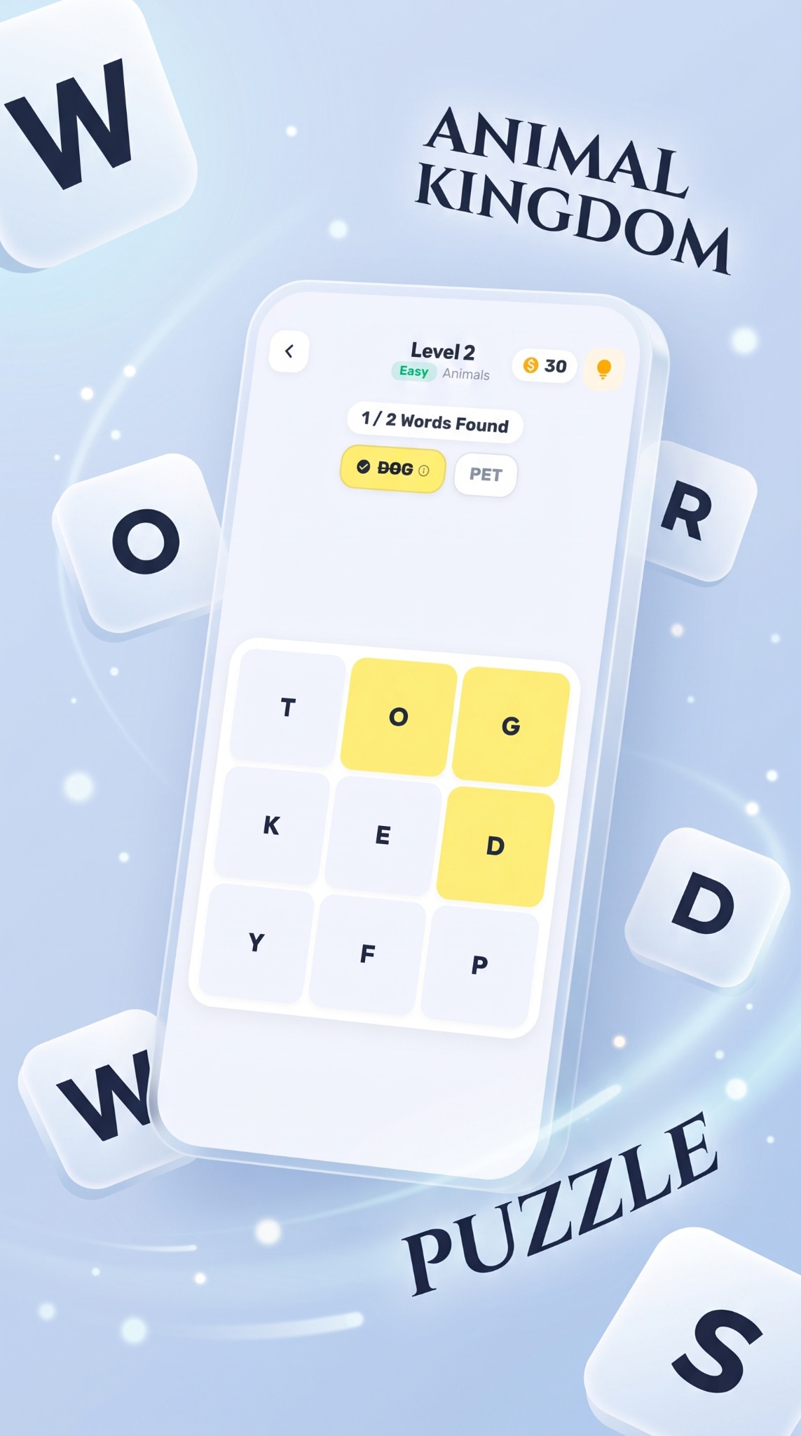 Tricky Words gameplay screen with a letter grid and hidden words